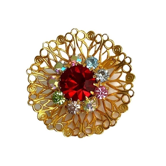 Vintage Red Aurora Borealis Crystal Brooch Pin - Picture 1 of 8